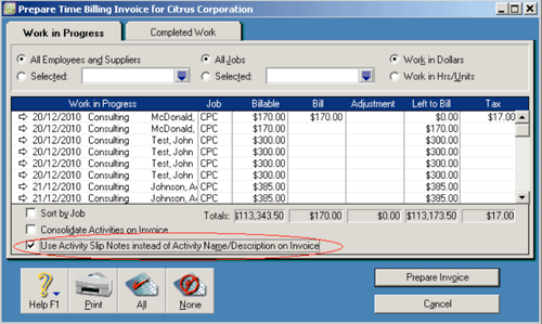 Use Activity Slip Notes instead of Activity Name/Description on Invoice